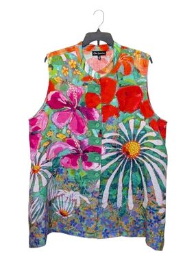 Claire Desjardins 3X Linen Sleeveless Art To Wear Bright Floral Top